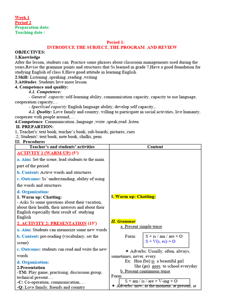 English Lesson Plan: Week 1 Overview | PDF | Learning | Communication