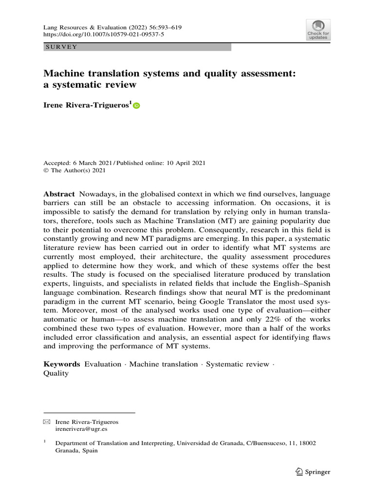 Machine Translation Systems and Quality Assessment A Systematic Review ...