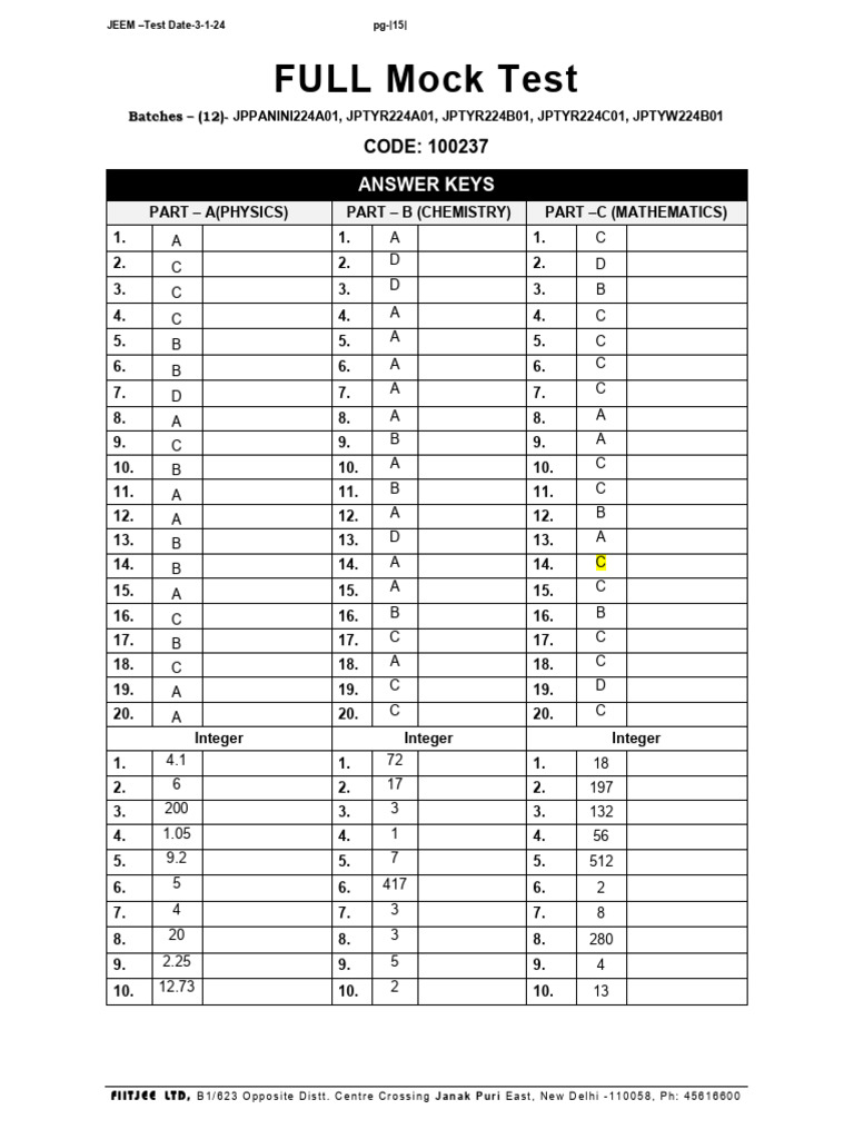 JEEM Full Mock Test Answers 2024 | PDF | Mathematics | Discrete Mathematics