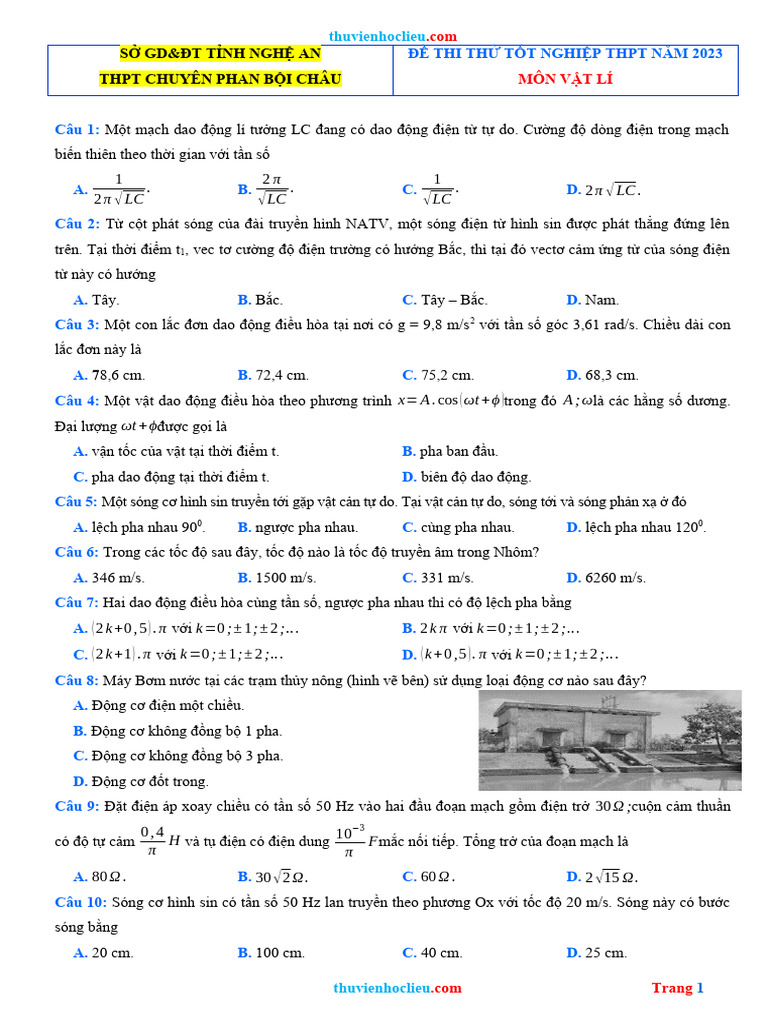 De Thi Thu 2023 Vat Li Chuyen Phan Boi Chau Nghe An | PDF