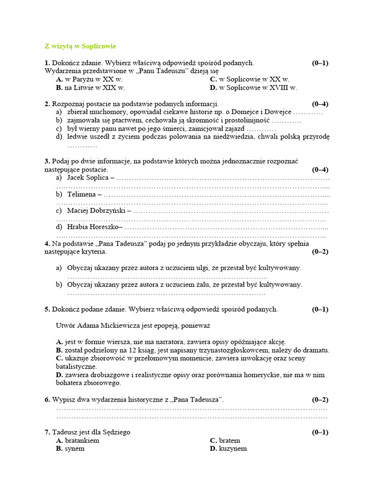 Pan Tadeusz Test Klasa 8 -pan-tadeusz-lektura-obowiazkowa-test-podsumowujacy-wersja-a | PDF
