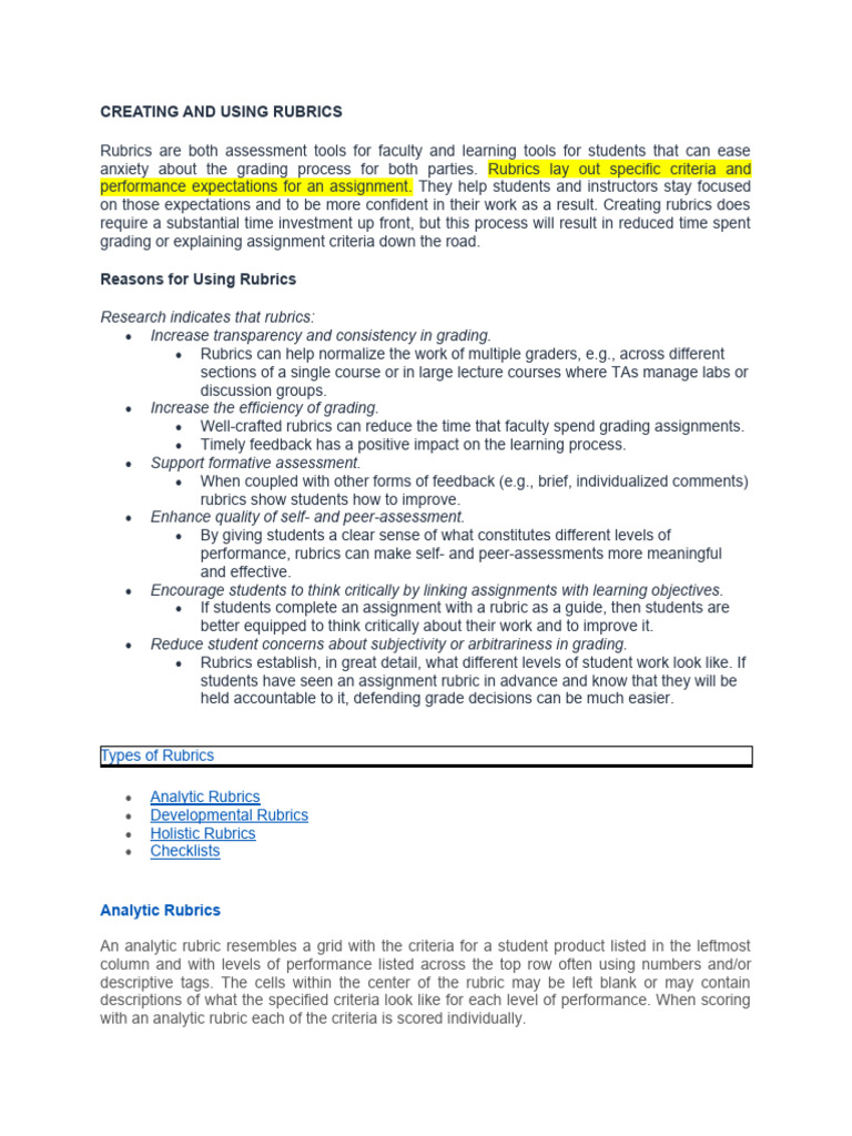 Creating And Using Rubrics Pdf Rubric Academic Identity Social