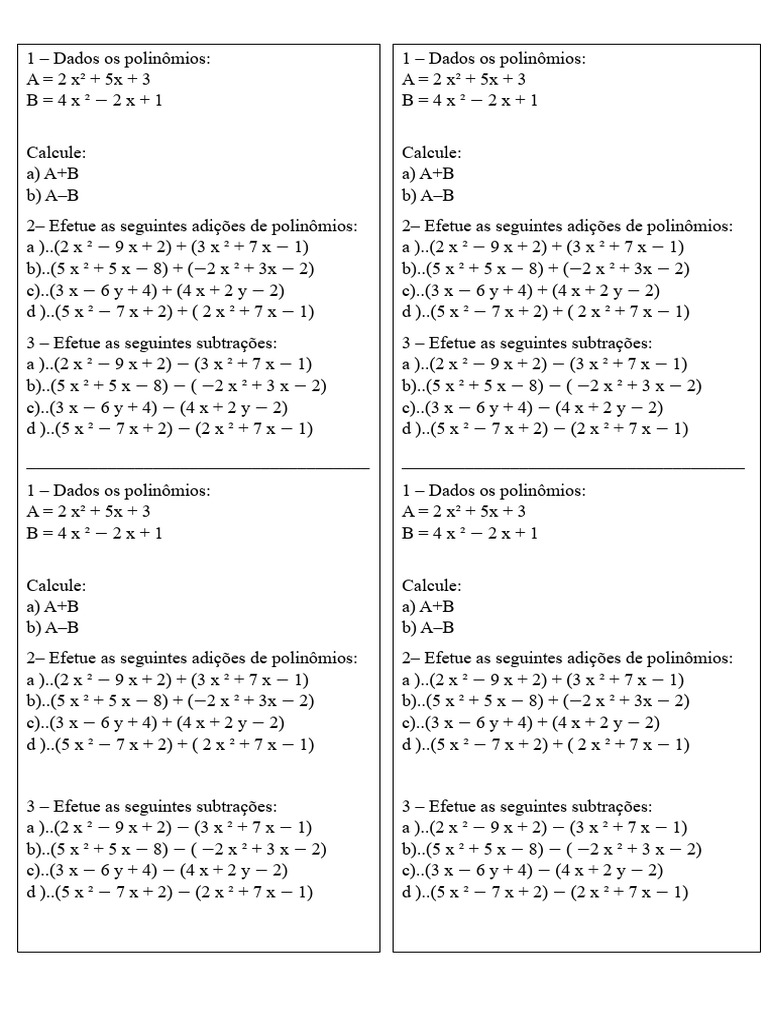 Atividade Polinômios 8°ano | PDF