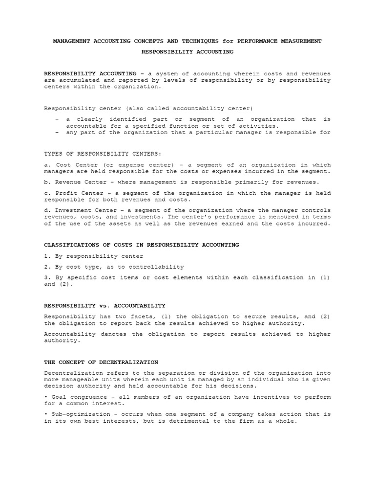 Responsibility Accounting for Performance Measurement | PDF | Strategic ...