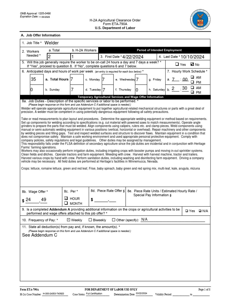 H-2A Agricultural Clearance Order Form | PDF | Employment | Piece Work