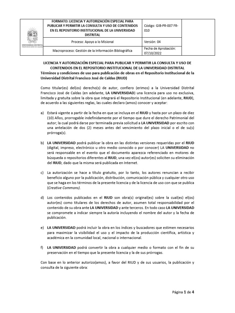 Licencia de Uso y Autorizacion para Publicar | PDF | Informática