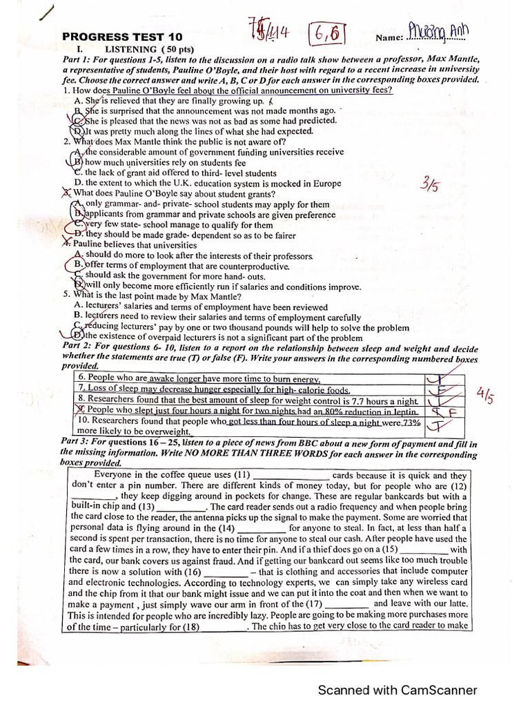 Phiếu chữa Progress test 10 | PDF