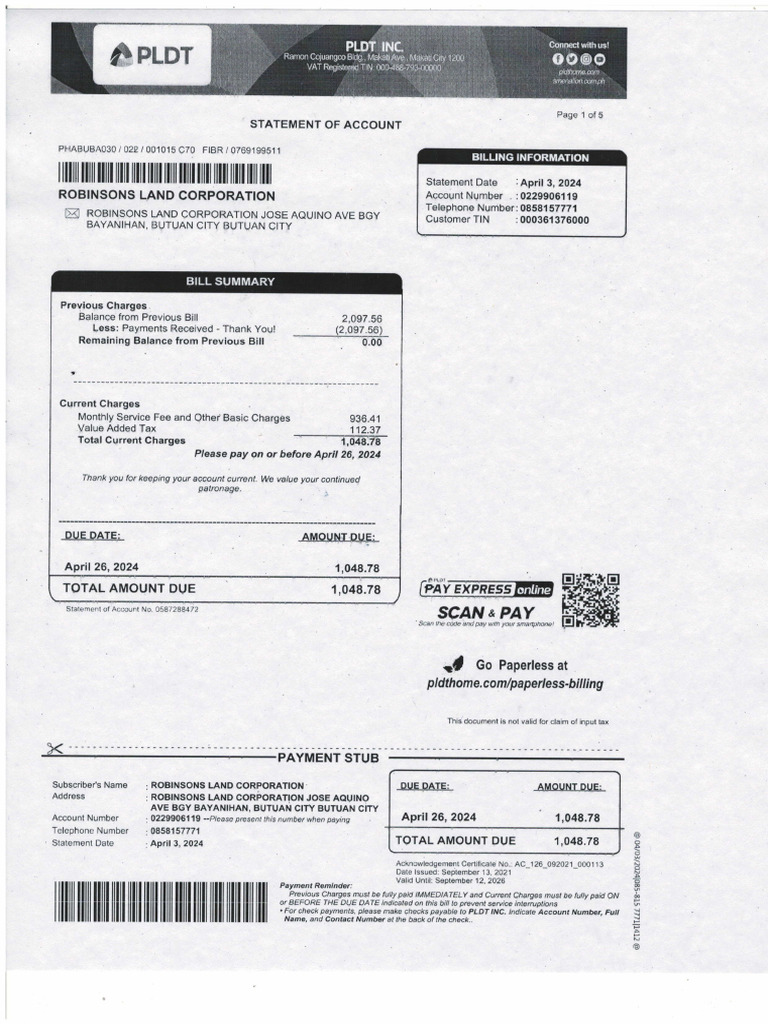 PLDT Statement of Account Sample | PDF | Payments | Taxes