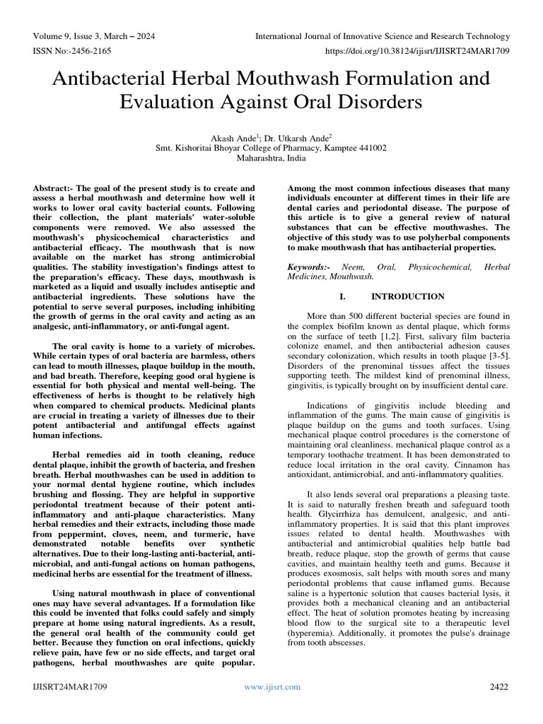Antibacterial Herbal Mouthwash Formulation and Evaluation Against Oral ...