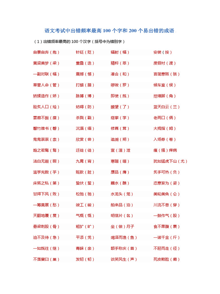 ❤语文出错率最高的100个字和200个成语| PDF