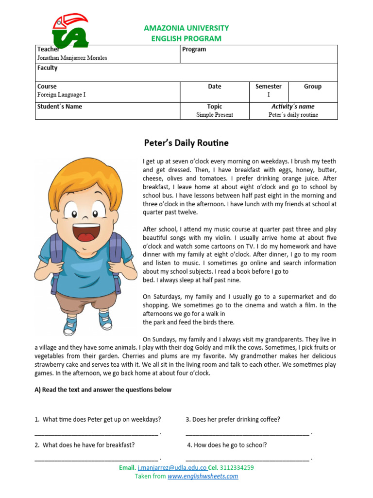 Peter´s daily routine | PDF | Lunch | Cuisine