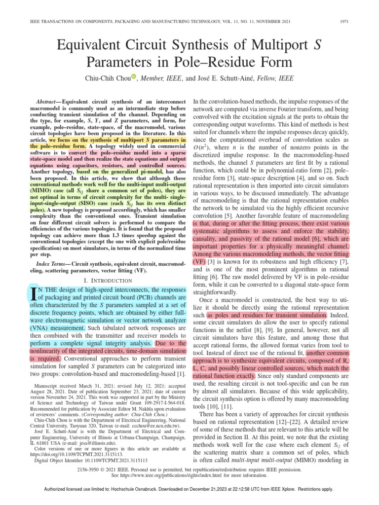 Equivalent Circuit Synthesis of Multiport S Parameters in PoleResidue