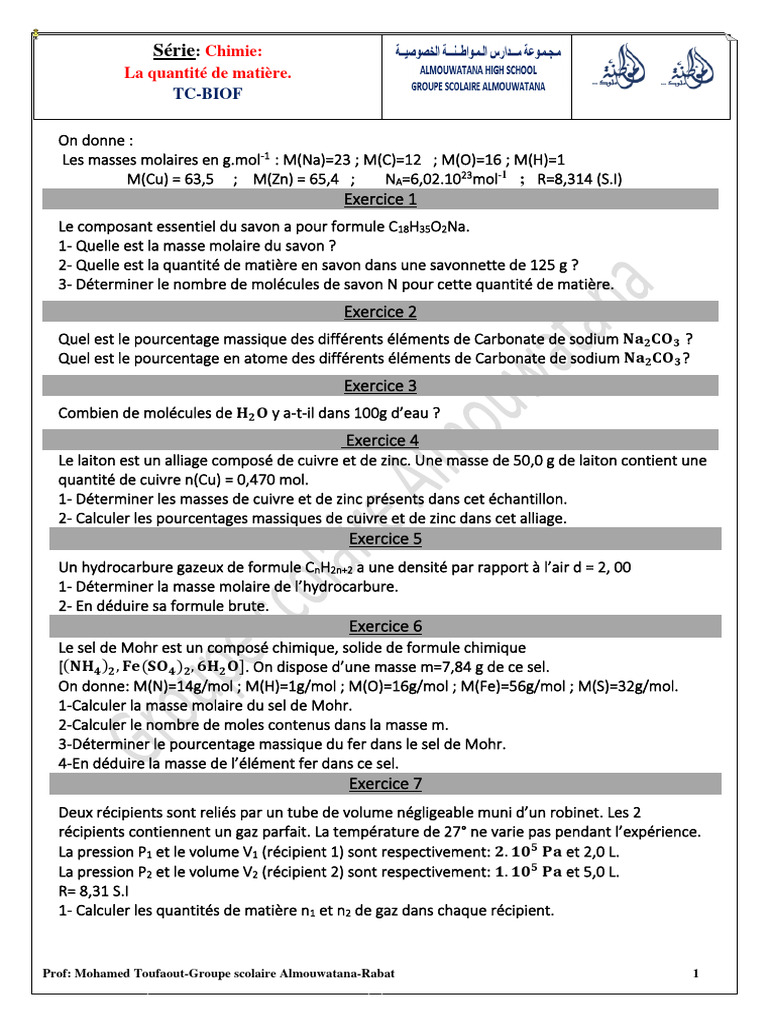 Calculs de chimie et exercices pratiques | PDF | Cuivre | Mole (unité)