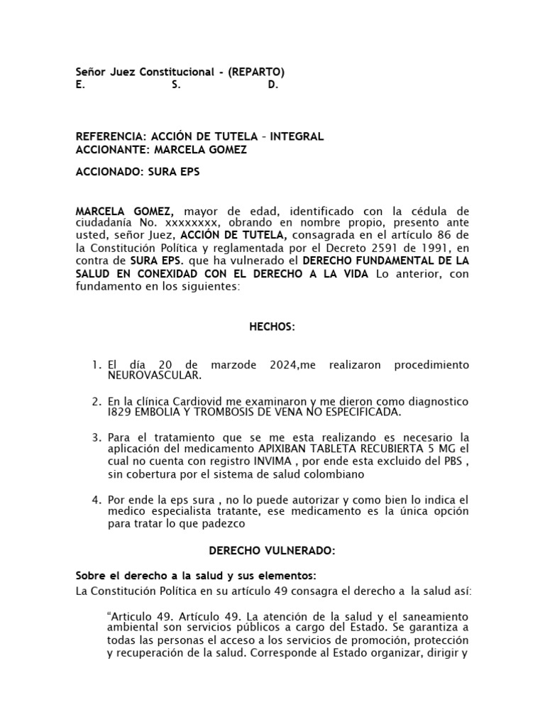 Tutela por falta de medicamento esencial | PDF | Caso de ley | Derecho ...
