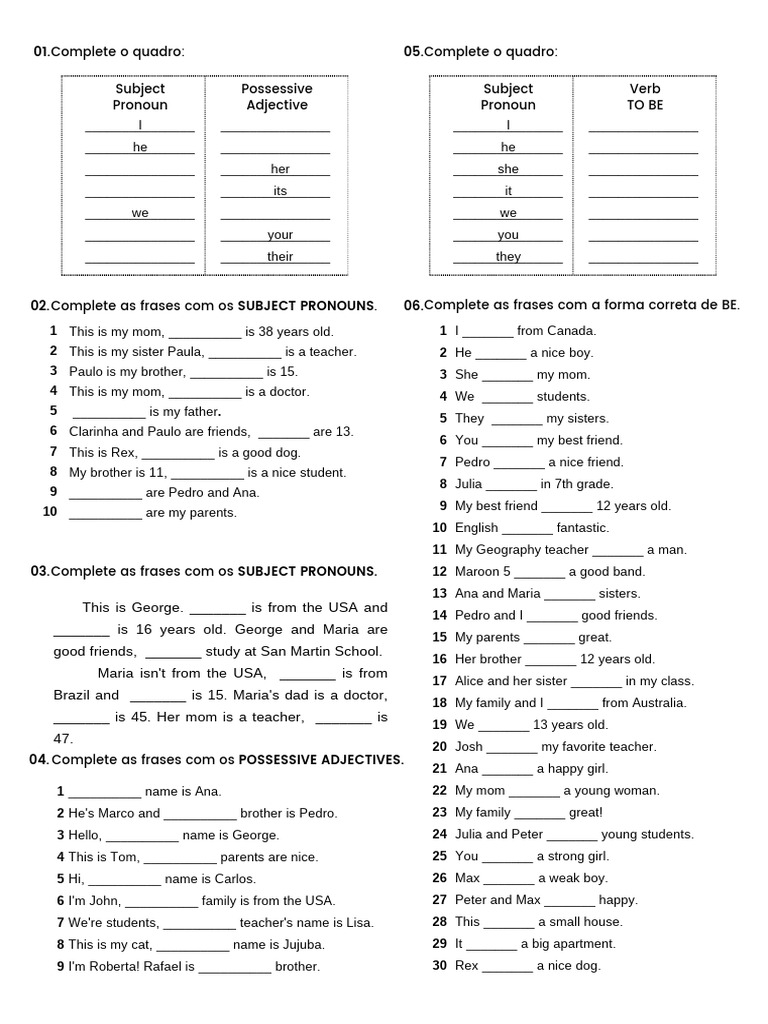 Subjecto Pronouns, Possessive Adjectives and Verb To Be review | PDF ...
