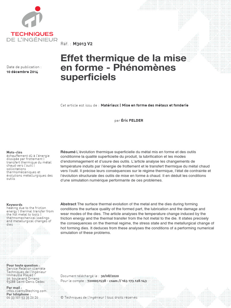 TI - Effet Thermique de La Mise en Forme - Phénomènes Superficiels ...