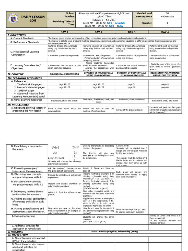Grade 10 Math Lesson Plan: Polynomials | PDF | Polynomial | Learning