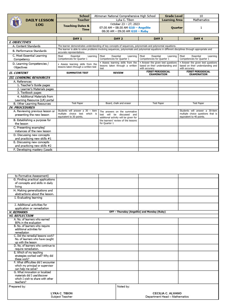 Grade 10 Math Lesson Plan Log | PDF | Learning | Cognition
