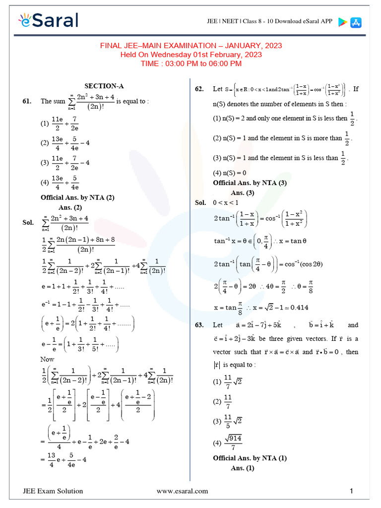 JEE-Main Exam Solutions January 2023 | PDF | Geometry | Euclidean Geometry