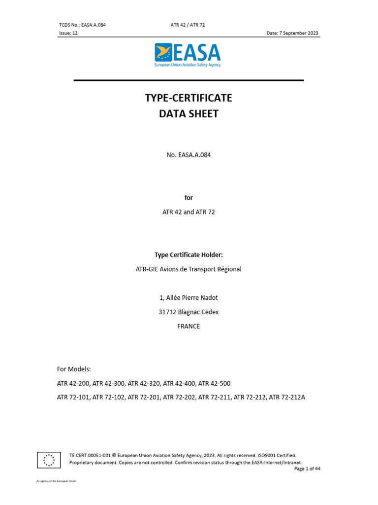 EASA Type Certificate for ATR 42/72 | PDF | Aviation | Aircraft