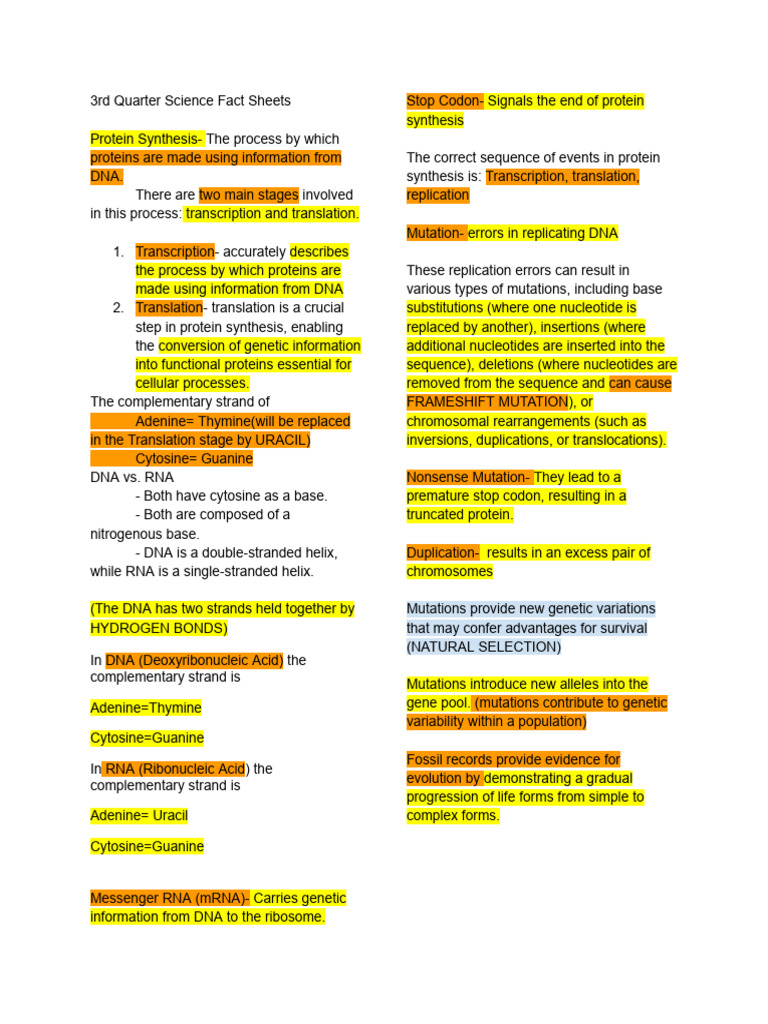 3rd Quarter Science Fact Sheets | PDF | Dna | Nucleic Acid Sequence