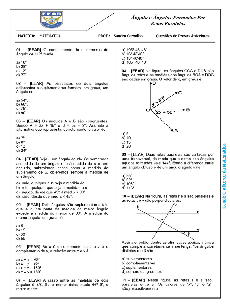 Questões sobre Ângulos e Retas Paralelas | PDF | Ângulo | Geometria ...