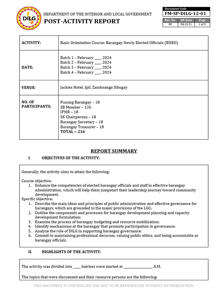 Barangay Officials Orientation Report | PDF | Governance