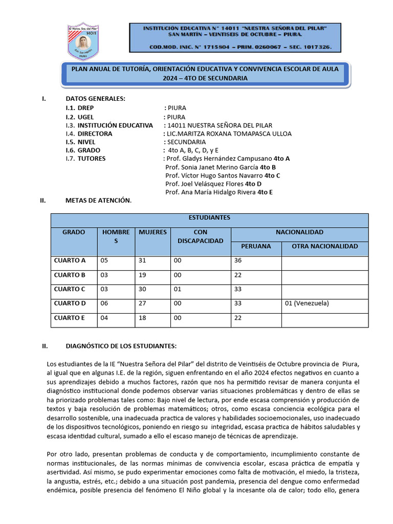 Plan Anual de Tutoría 2024 - 4to Secundaria | PDF | Evaluación | Las ...