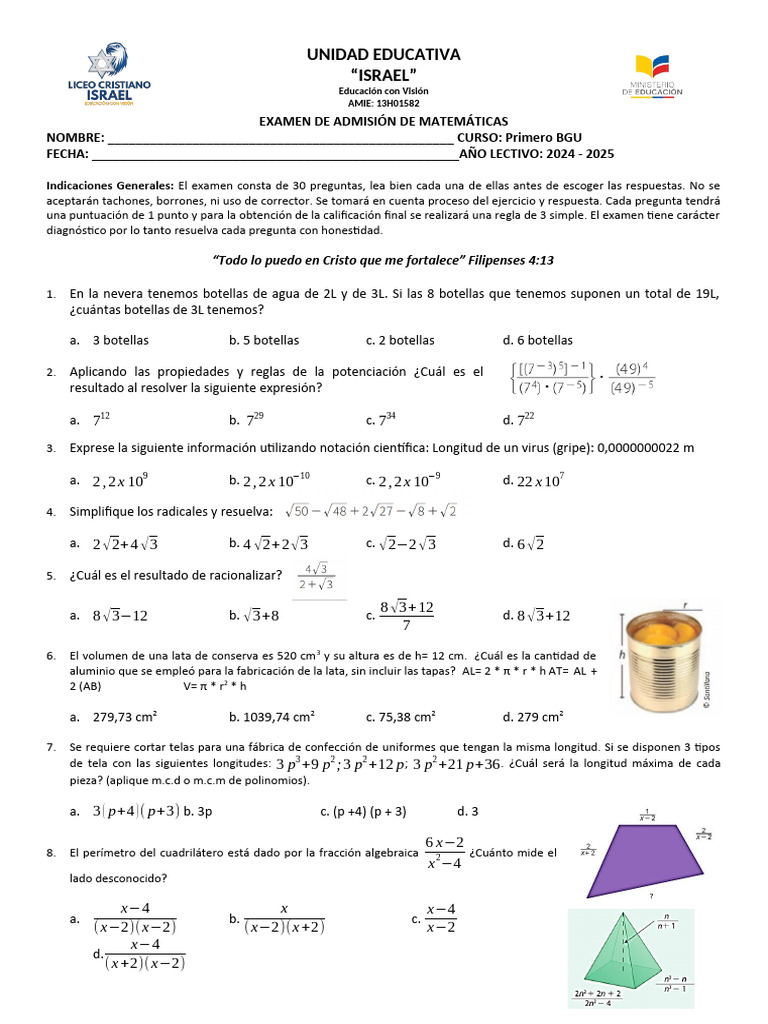 Examen de Admisión Matemáticas BGU 2024 | PDF | Ecuaciones | Matemática ...