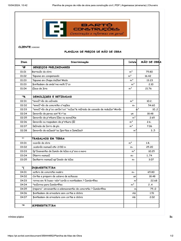 Tabela de Preços Mão de Obra 2024 | PDF | Alvenaria | Materiais de ...