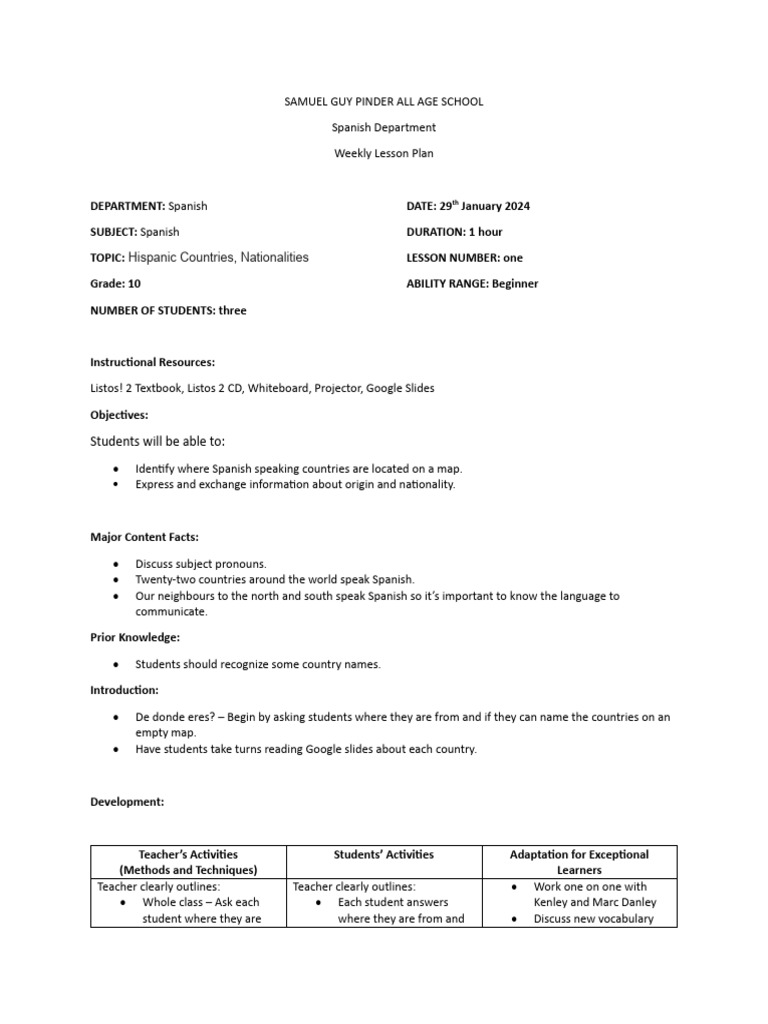 Spanish Speaking Countries Lesson Plan PDF Lesson Plan Spanish