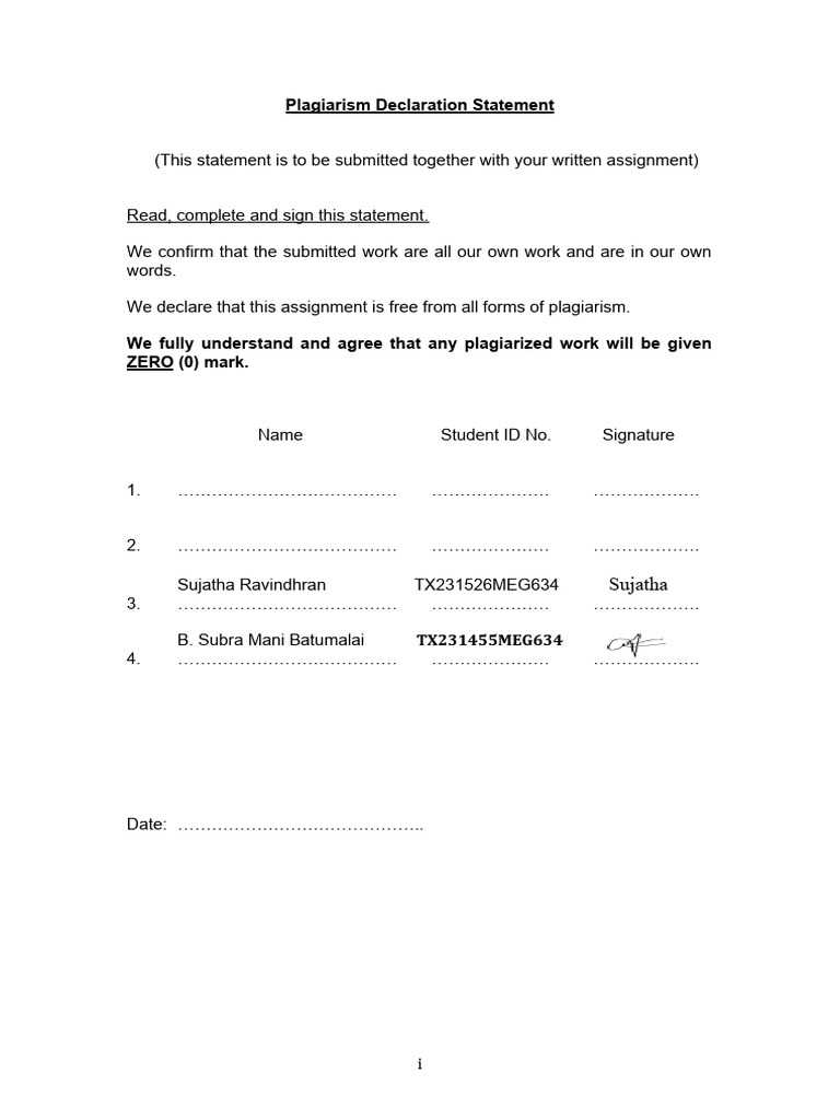 Plagiarism Declaration for Assignments | PDF | Risk Management | Risk