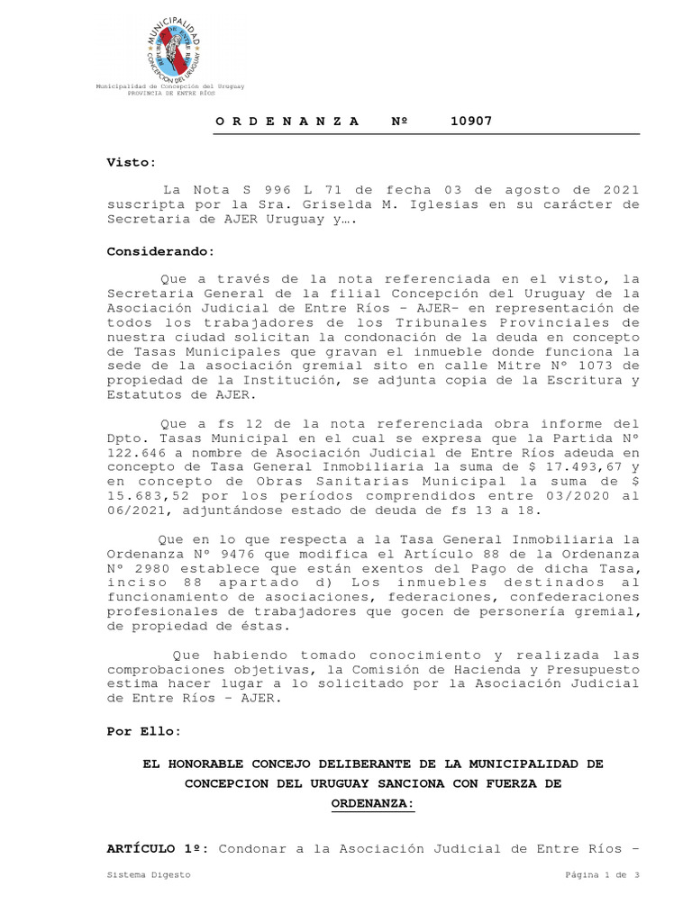 Ordenanza 10907 Sistema Digesto P gina 1 De 3 PDF