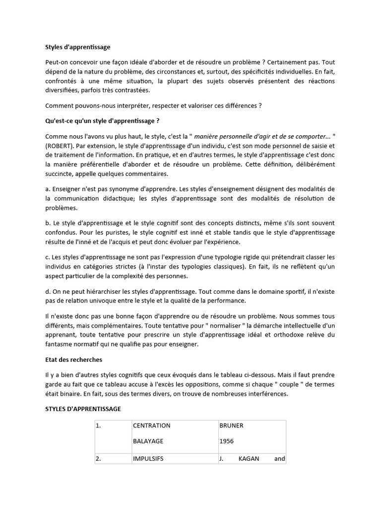 Comprendre les styles d'apprentissage | PDF | Apprentissage | Styles d ...