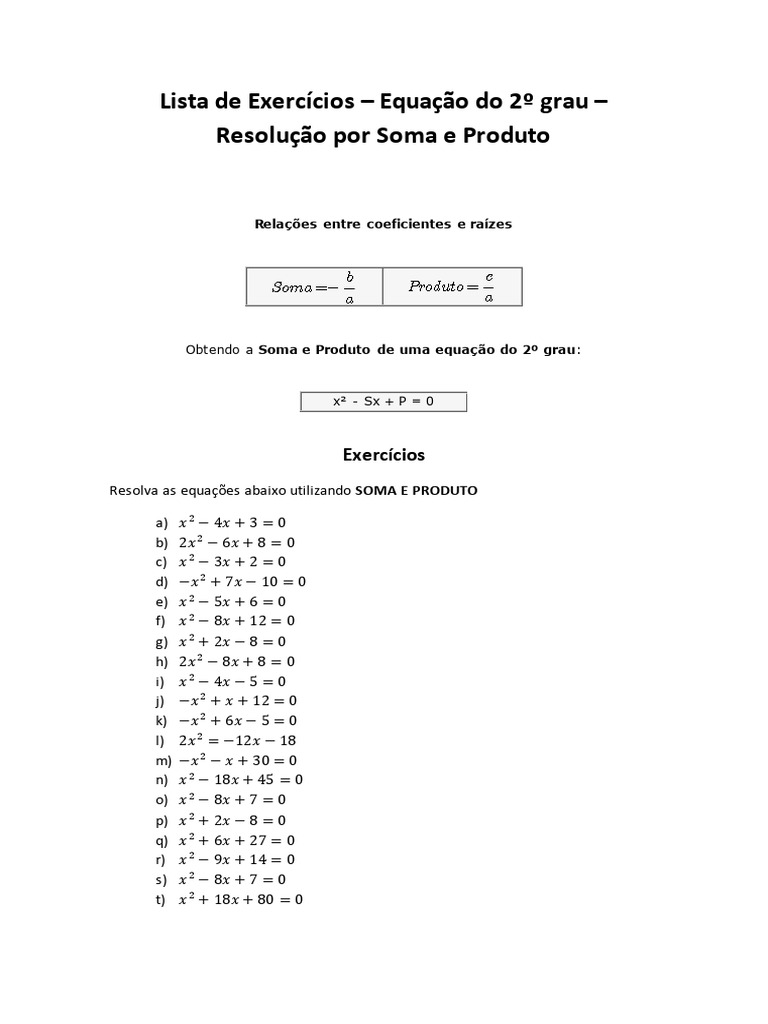Exercícios de Soma e Produto 2º Grau | PDF