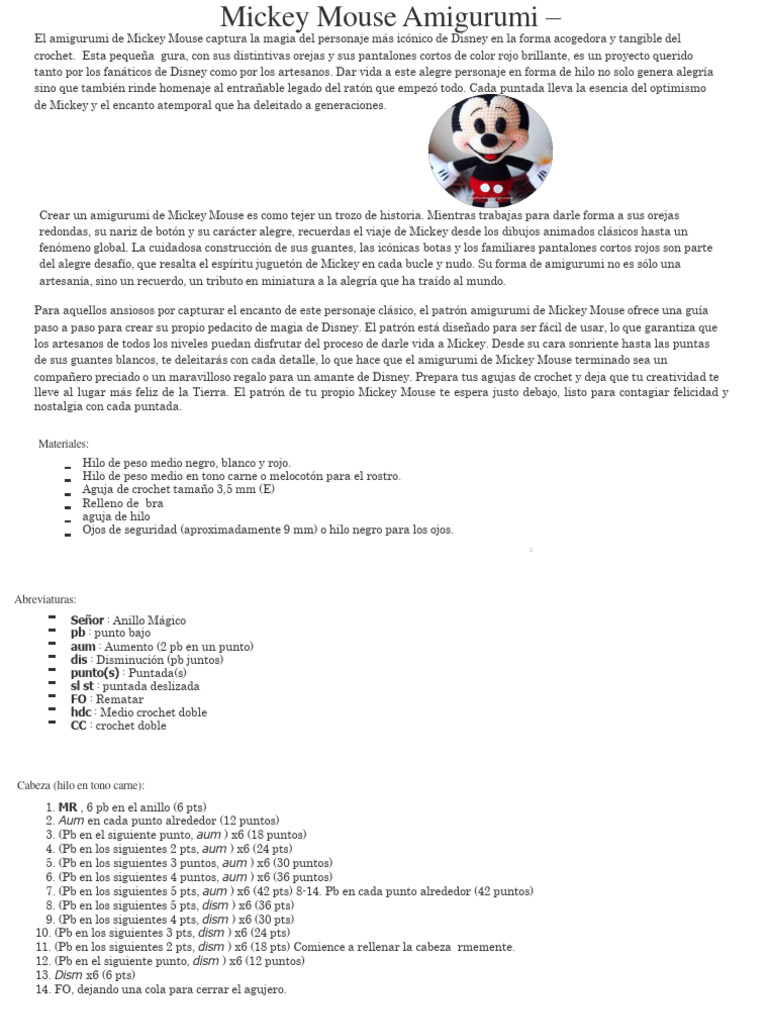 Patrón Amigurumi Mickey Mouse Gratis | PDF | Amigurumi | Tejer