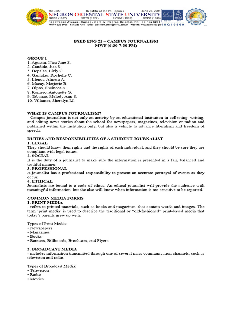 Group 1 Campus Journalism Final | PDF | Journalism | Newspapers