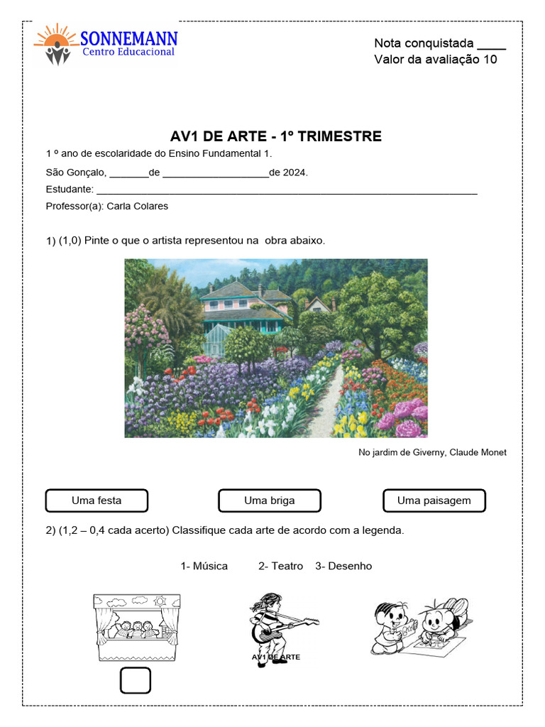 Avaliação de Artes - 1º Ano Fundamental | PDF | As artes