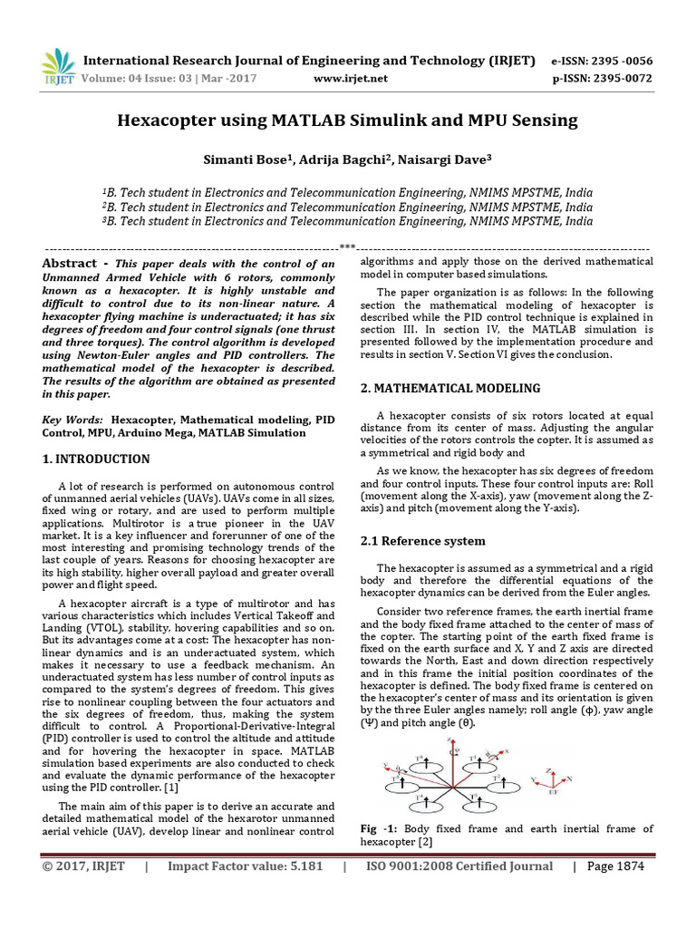 Hexacopter Using MATLAB Simulink and MPU | PDF | Motion (Physics ...
