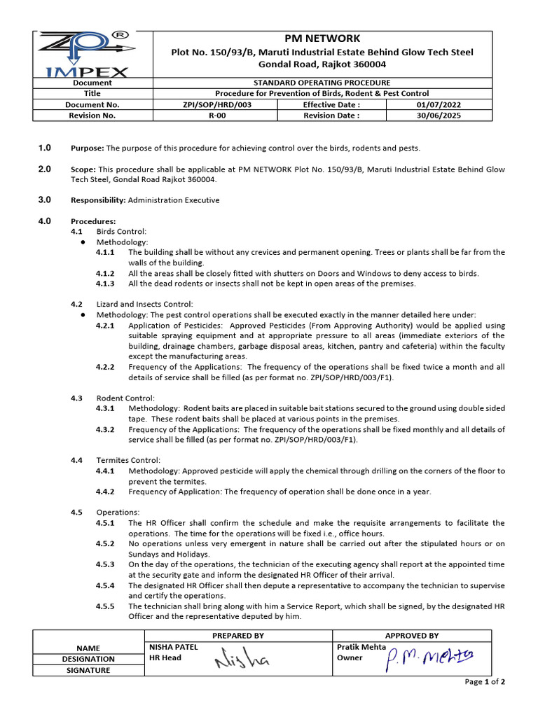 SOP for Prevention of Birds, Rodent _ Pest Control PDF Pest Control