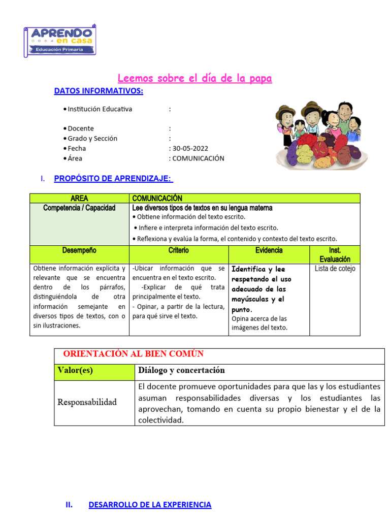 Aprendizaje sobre el Día de la Papa | PDF | Evaluación | Aprendizaje
