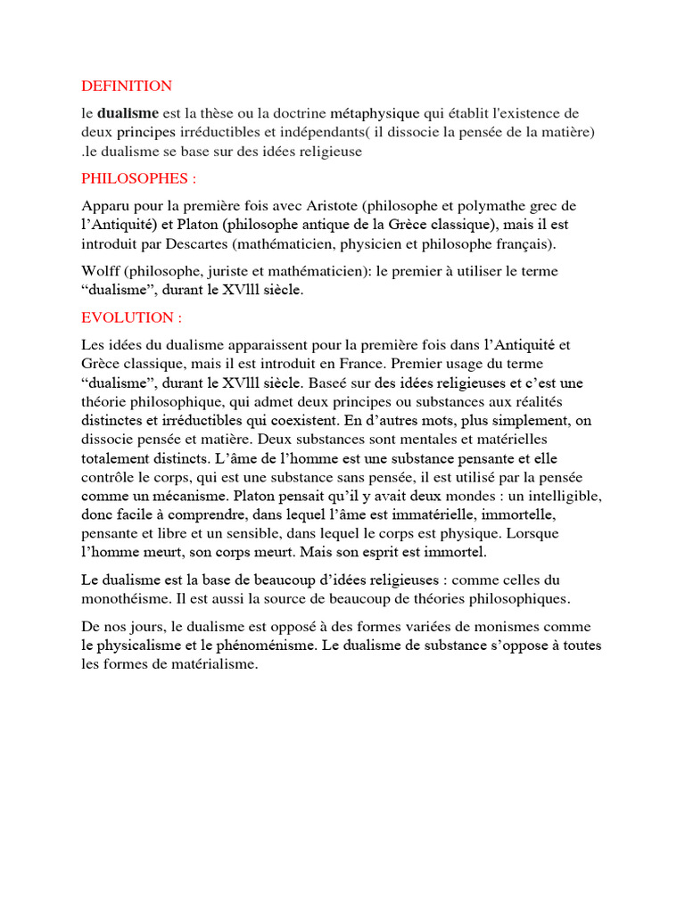Dualisme et Monisme en Philosophie | PDF | Monisme | Théorie du substratum