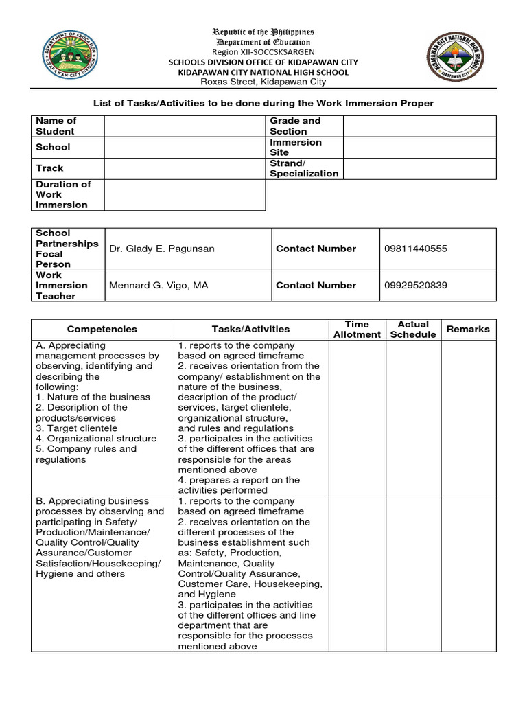 Work Immersion Activities Guide | PDF | Business