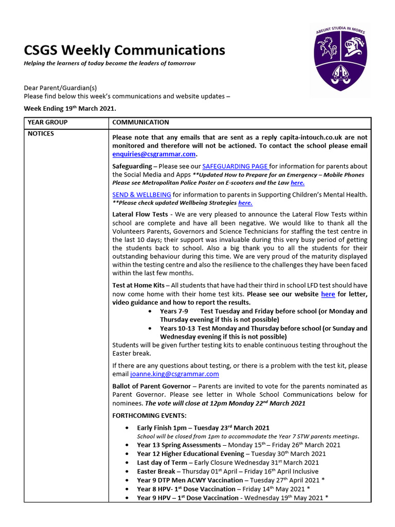 Weekly Communications Email 19.03.2021 | PDF | Pandemic | Global Health