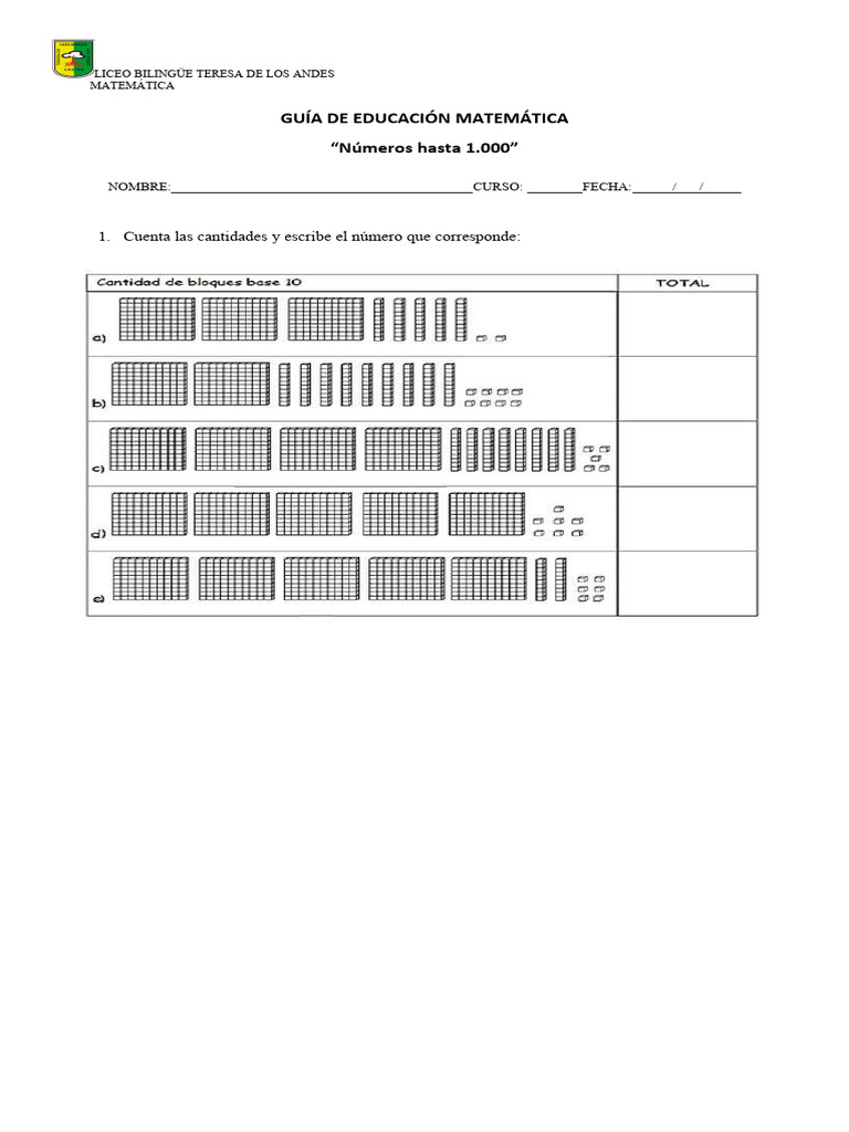 Guía Matemática Números Hasta 1000 XXX | PDF | Métodos y materiales de ...