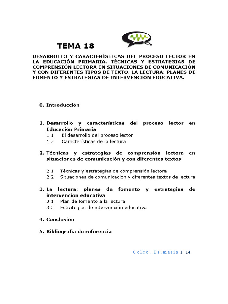 Tema 18. Primaria. Celeo | PDF | Comprensión lectora | Educación primaria