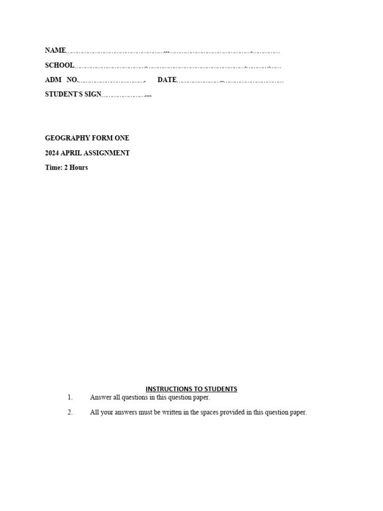 Geography Form 1 Exam Paper