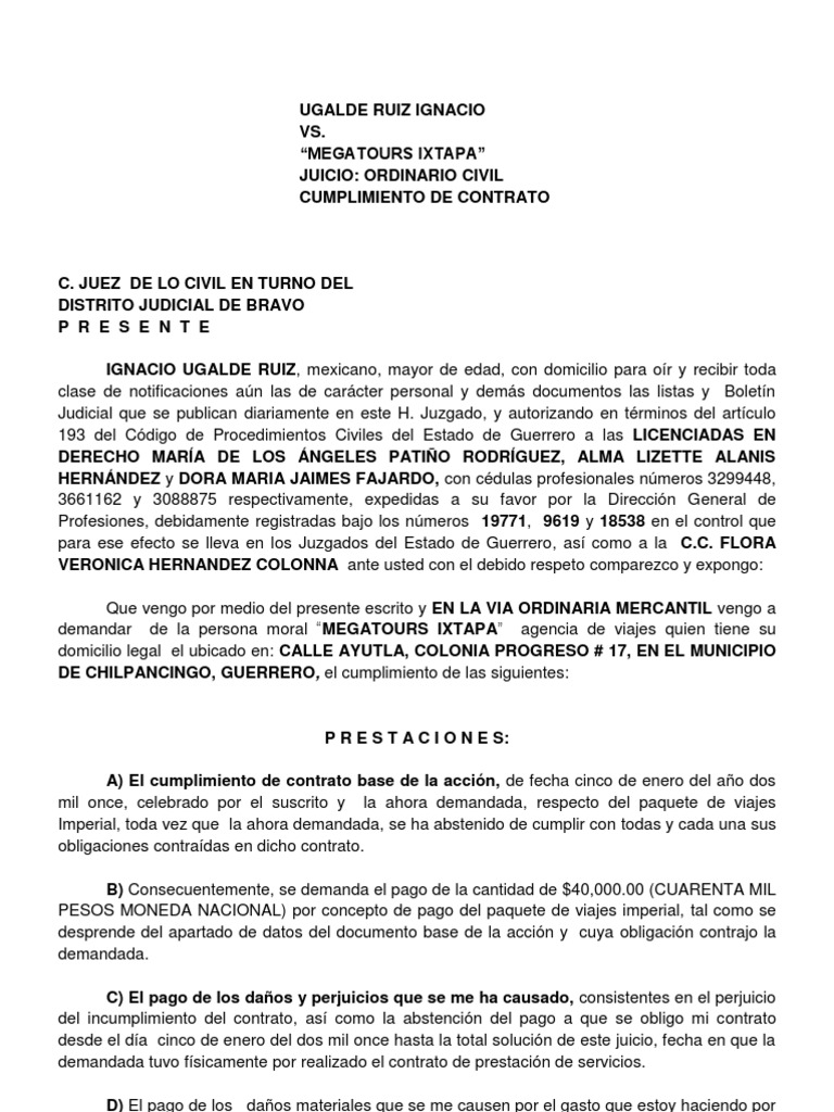 Demanda De Incumplimiento De Contrato Pdf Pagos Evidencia Ley