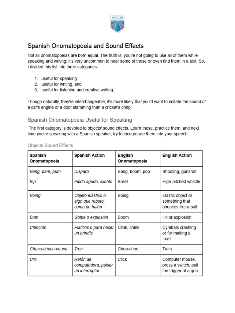 100 Spanish Sound Effects Onomatopoeia PDF
