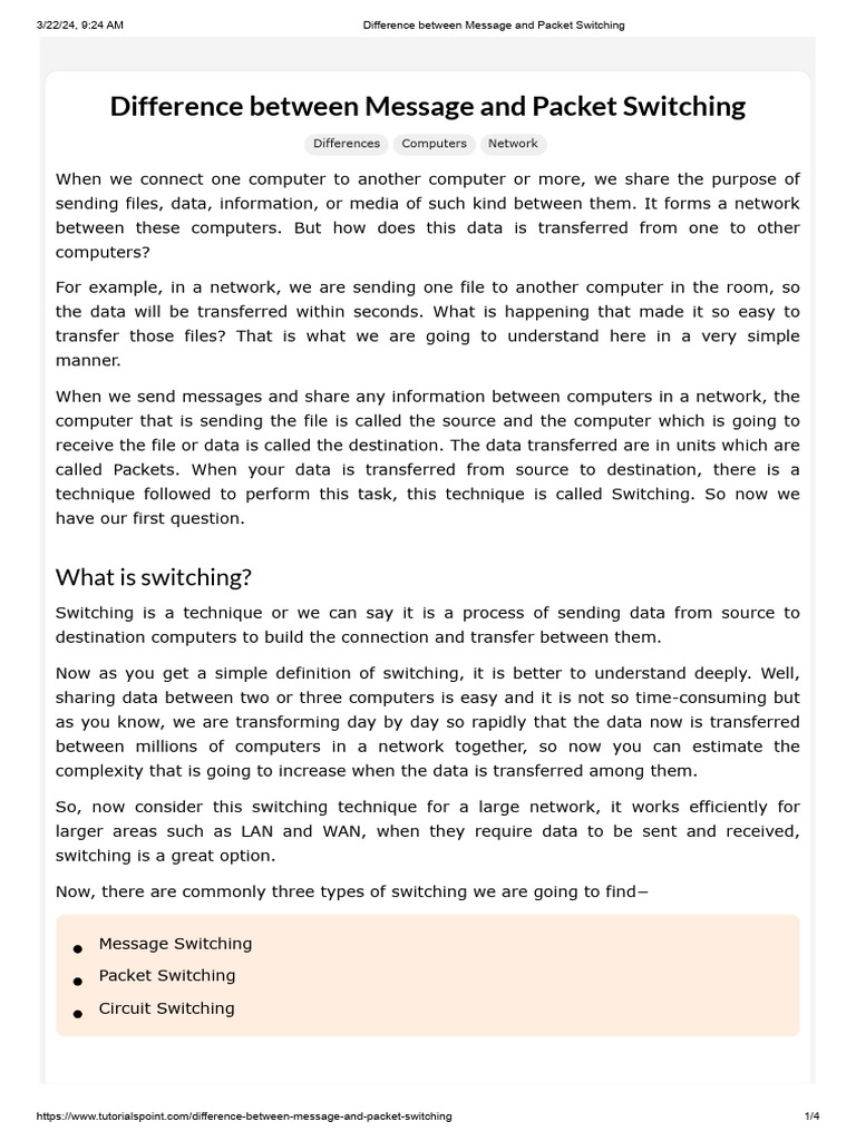Difference Between Message and Packet Switching PDF Packet